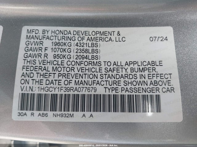 1HGCY1F39RA077679 Honda ACCORD EX