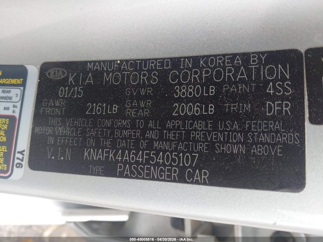 2015 Kia Forte Lx მანქანა იყიდება აუქციონზე, vin: KNAFK4A64F5405107, აუქციონის ნომერი: 45005816