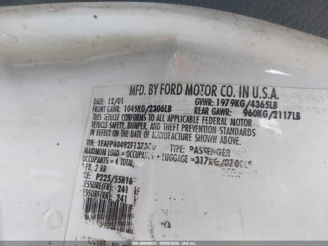 Aukcja sprzedaży 2002 Ford Mustang, vin: 1FAFP40492F137380, numer aukcji: 45005823