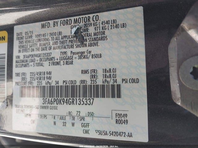 3FA6P0K94GR135337 Ford Fusion Titanium