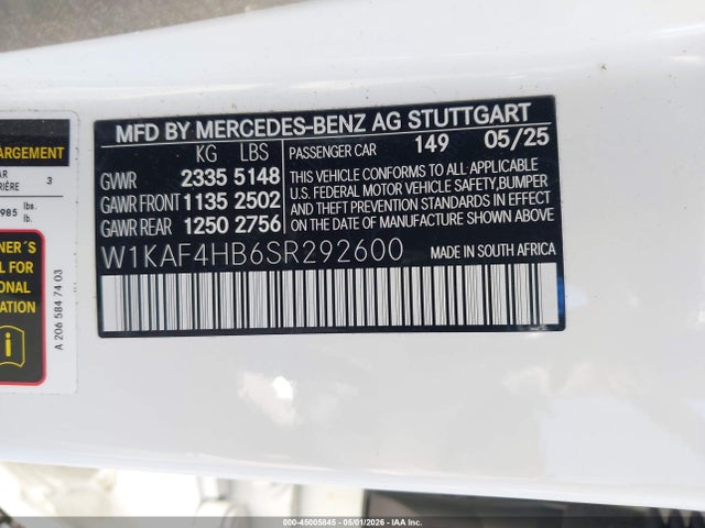 Продаж на аукціоні авто 2025 Mercedes-benz C 300, vin: W1KAF4HB6SR292600, номер лоту: 45005845