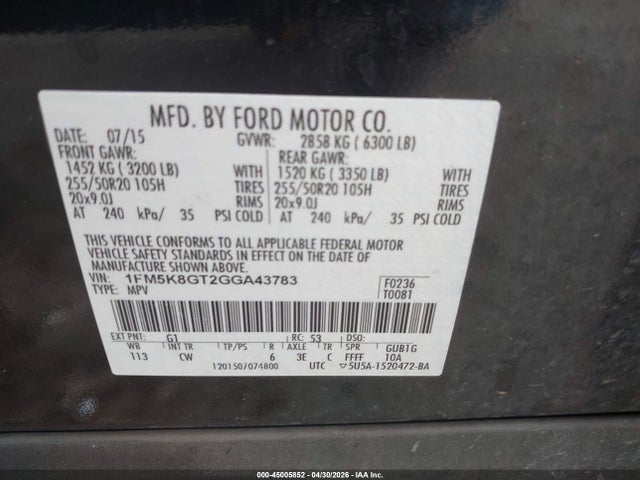 2016 Ford Explorer Sport მანქანა იყიდება აუქციონზე, vin: 1FM5K8GT2GGA43783, აუქციონის ნომერი: 45005852