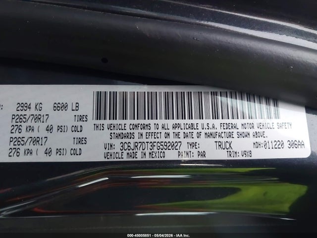 2015 Ram 1500 Tradesman მანქანა იყიდება აუქციონზე, vin: 3C6JR7DT3FG592027, აუქციონის ნომერი: 45005851