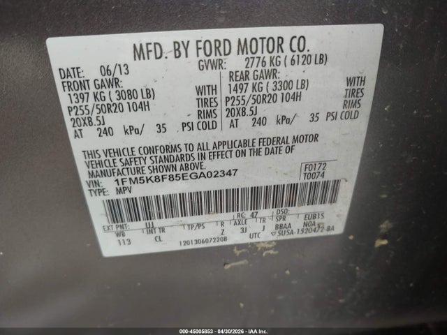 45005853 :رقم المزاد ، 1FM5K8F85EGA02347 vin ، 2014 Ford Explorer Limited مزاد بيع