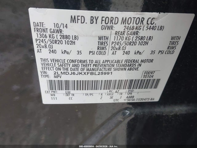 45005854 :رقم المزاد ، 2LMDJ6JKXFBL25991 vin ، 2015 Lincoln Mkx مزاد بيع
