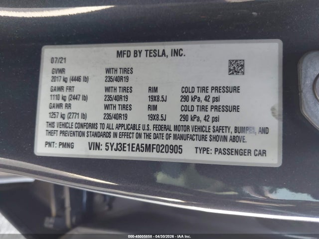 5YJ3E1EA5MF020905 Tesla Model 3 Standard Range Plus Rear-wheel Drive