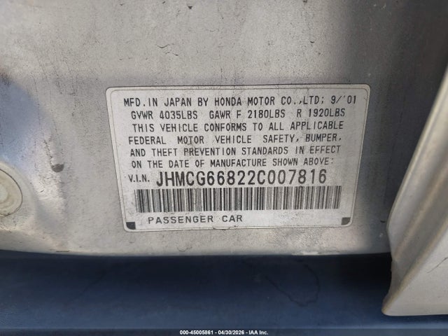2002 Honda Accord 2.3 Ex/2.3 Se მანქანა იყიდება აუქციონზე, vin: JHMCG66822C007816, აუქციონის ნომერი: 45005861