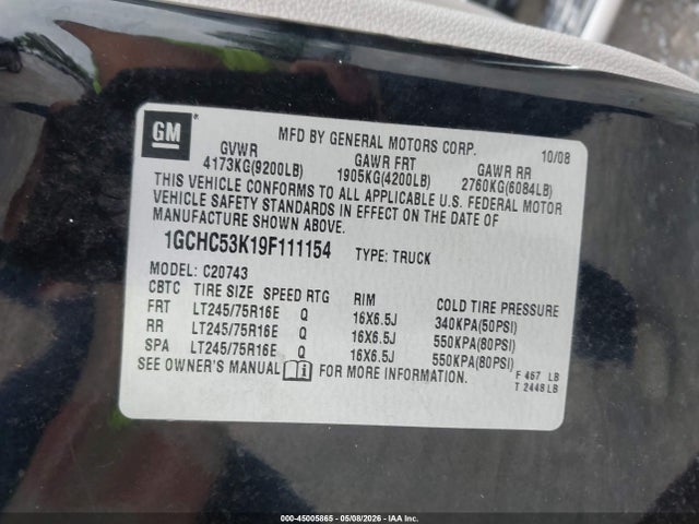 Продаж на аукціоні авто 2009 Chevrolet Silverado 2500hd Lt, vin: 1GCHC53K19F111154, номер лоту: 45005865