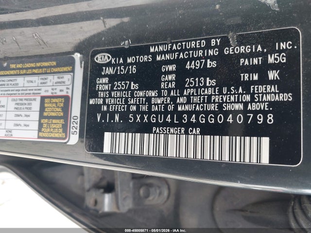 Продажа на аукционе авто 2016 Kia Optima Ex, vin: 5XXGU4L34GG040798, номер лота: 45005871