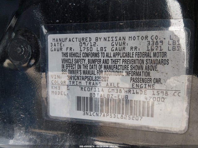 Aukcja sprzedaży 2013 Nissan Versa 1.6 Sv, vin: 3N1CN7AP5DL825207, numer aukcji: 45005874