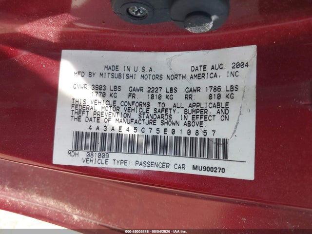 Продаж на аукціоні авто 2005 Mitsubishi Eclipse Spyder Gs, vin: 4A3AE45G75E010857, номер лоту: 45005886