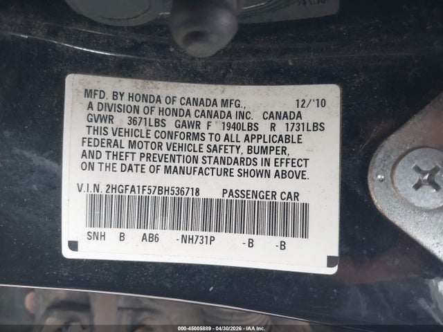 Aukcja sprzedaży 2011 Honda Civic Lx, vin: 2HGFA1F57BH536718, numer aukcji: 45005889