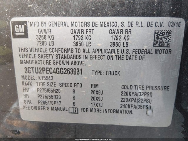 Aukcja sprzedaży 2016 Gmc Sierra 1500 Denali, vin: 3GTU2PEC4GG263931, numer aukcji: 45005894