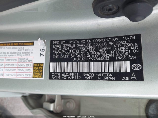 Aukcja sprzedaży 2009 Toyota Prius Standard/touring, vin: JTDKB20U597844833, numer aukcji: 45005905