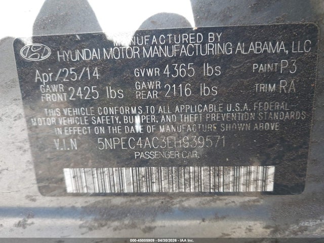 Продаж на аукціоні авто 2014 Hyundai Sonata Se, vin: 5NPEC4AC3EH939571, номер лоту: 45005909
