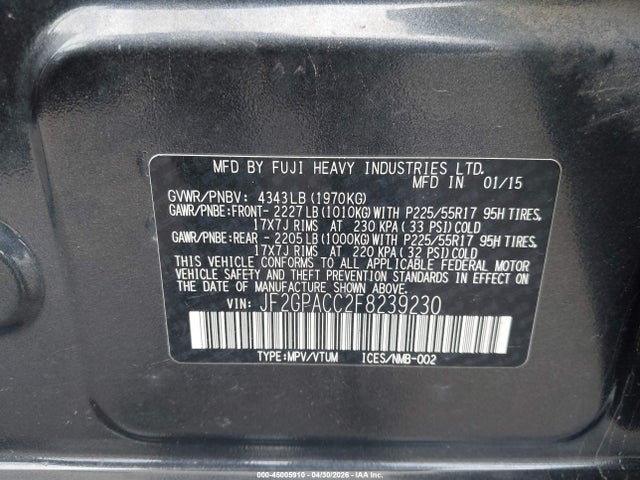 Продажа на аукционе авто 2015 Subaru Xv Crosstrek 2.0i Premium, vin: JF2GPACC2F8239230, номер лота: 45005910
