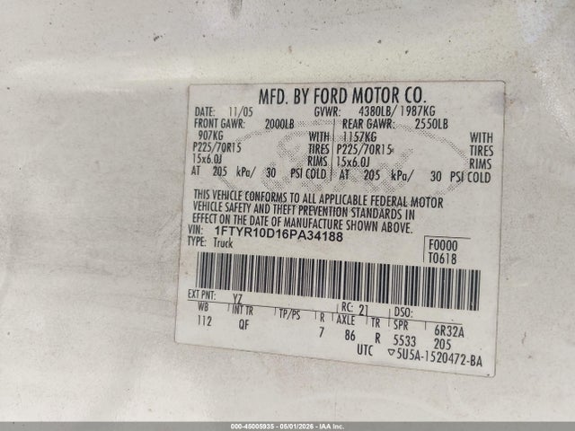2006 Ford Ranger Xl/xlt მანქანა იყიდება აუქციონზე, vin: 1FTYR10D16PA34188, აუქციონის ნომერი: 45005935