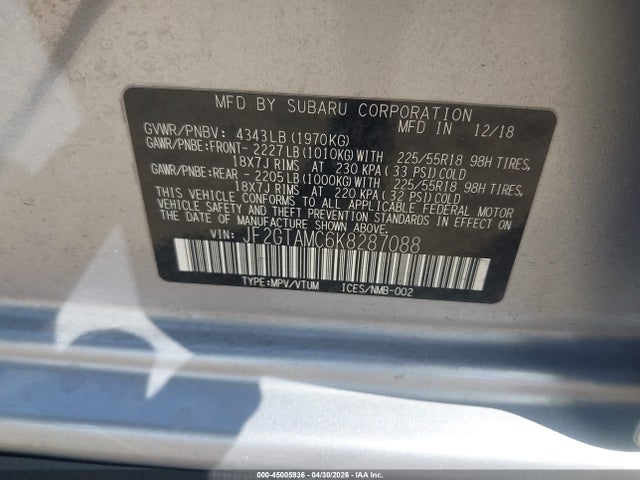 Aukcja sprzedaży 2019 Subaru Crosstrek 2.0i Limited, vin: JF2GTAMC6K8287088, numer aukcji: 45005936
