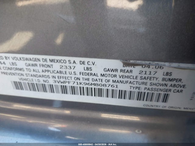 45005942 :رقم المزاد ، 3VWPF71K96M808761 vin ، 2006 Volkswagen Jetta Value Edition مزاد بيع