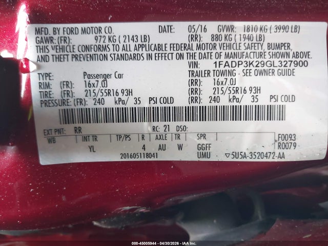 Продаж на аукціоні авто 2016 Ford Focus Se, vin: 1FADP3K29GL327900, номер лоту: 45005944