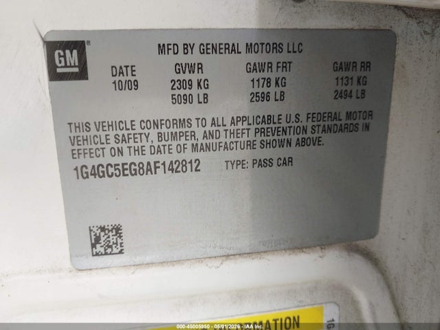 2010 Buick Lacrosse Cxl მანქანა იყიდება აუქციონზე, vin: 1G4GC5EG8AF142812, აუქციონის ნომერი: 45005950