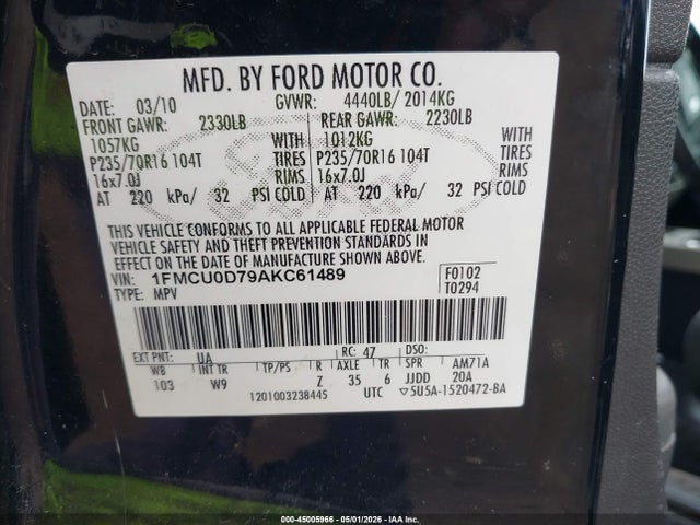 45005966 :رقم المزاد ، 1FMCU0D79AKC61489 vin ، 2010 Ford Escape Xlt مزاد بيع