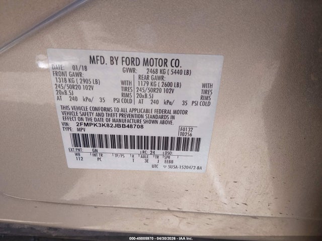 45005970 :رقم المزاد ، 2FMPK3K82JBB48708 vin ، 2018 Ford Edge Titanium مزاد بيع
