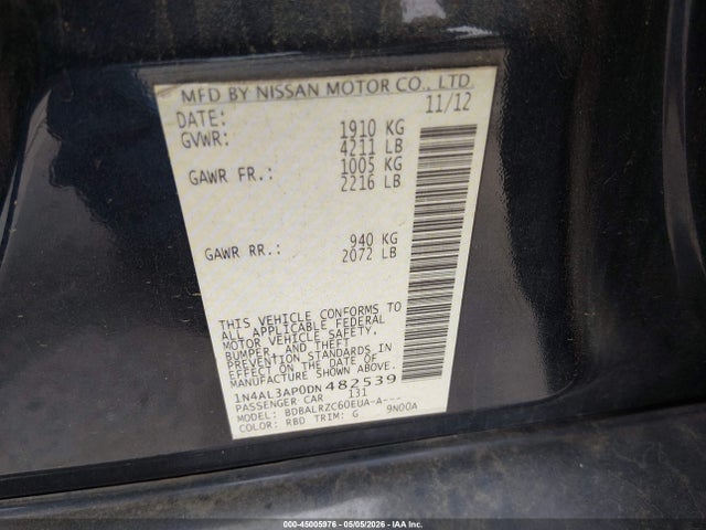 Продажа на аукционе авто 2013 Nissan Altima 2.5 S, vin: 1N4AL3AP0DN482539, номер лота: 45005976