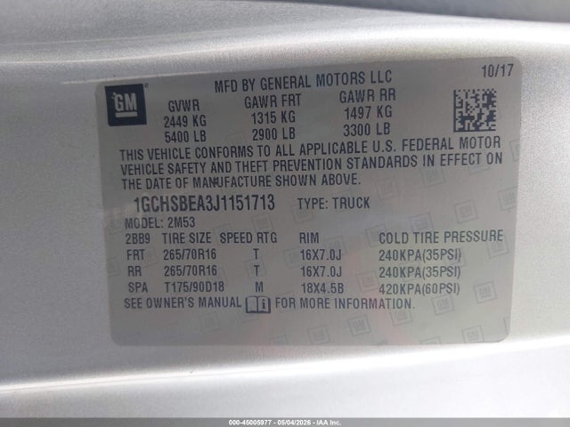 Chevrolet Colorado Wt 2018 1GCHSBEA3J1151713 Image 9
