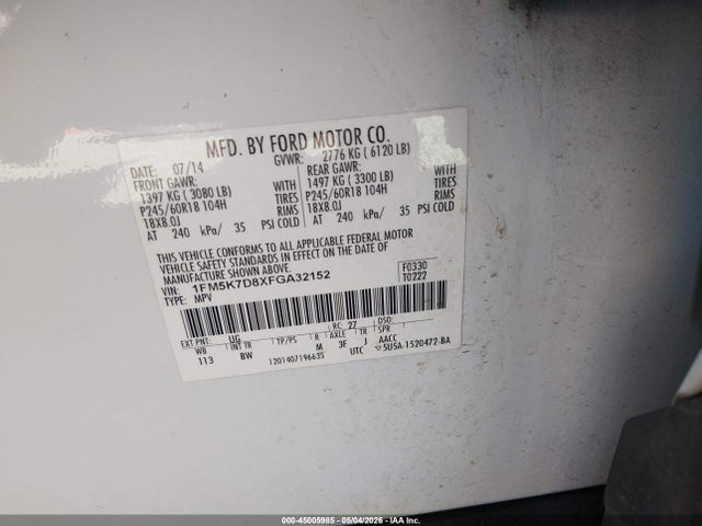 45005985 :رقم المزاد ، 1FM5K7D8XFGA32152 vin ، 2015 Ford Explorer Xlt مزاد بيع