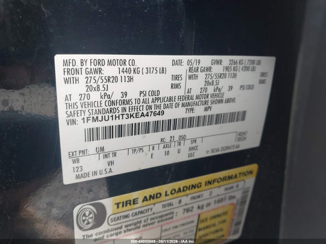 2019 Ford Expedition Xlt მანქანა იყიდება აუქციონზე, vin: 1FMJU1HT3KEA47649, აუქციონის ნომერი: 45005989