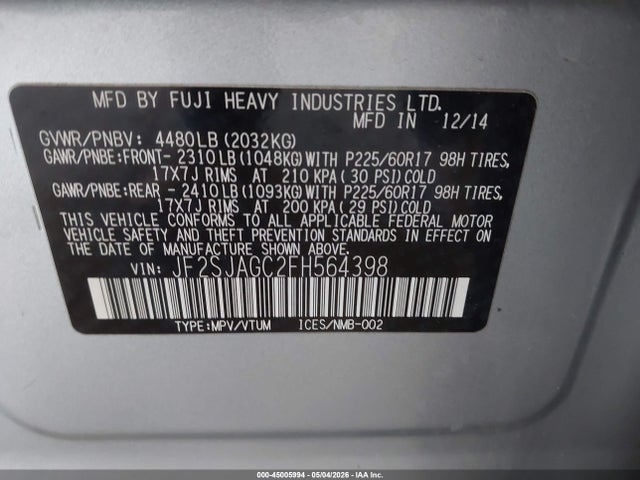 Продажа на аукционе авто 2015 Subaru Forester 2.5i Premium, vin: JF2SJAGC2FH564398, номер лота: 45005994