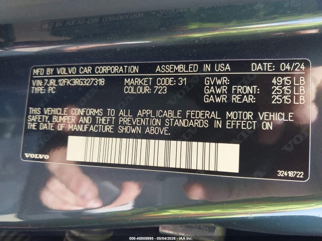 Aukcja sprzedaży 2024 Volvo S60 B5 Core Dark Theme, vin: 7JRL12FK3RG327318, numer aukcji: 45005995