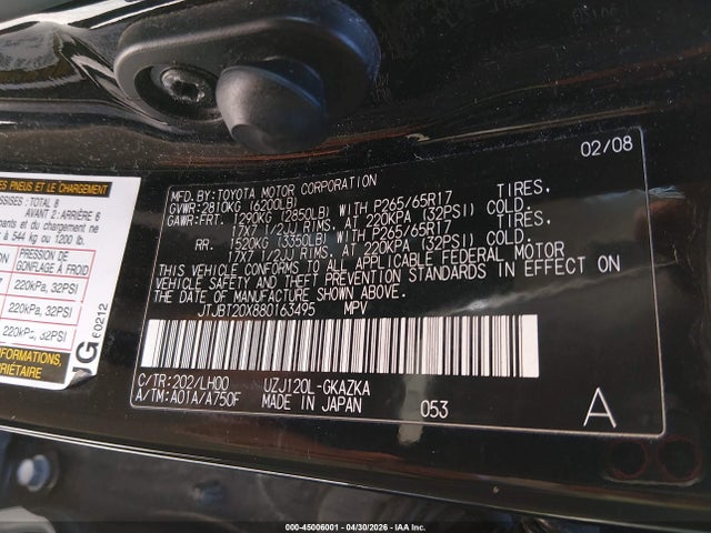Auction sale of the 2008 Lexus Gx 470, vin: JTJBT20X880163495, lot number: 45006001