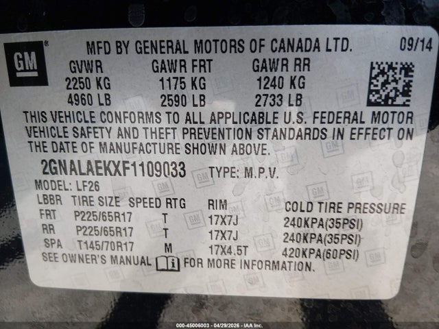 45006003 :رقم المزاد ، 2GNALAEKXF1109033 vin ، 2015 Chevrolet Equinox Ls مزاد بيع