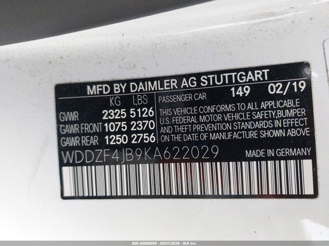 45006005 :رقم المزاد ، WDDZF4JB9KA622029 vin ، 2019 Mercedes-benz E 300 مزاد بيع