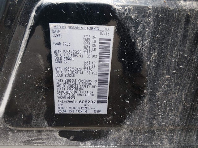 Aukcja sprzedaży 2014 Nissan Pathfinder Platinum, vin: 5N1AR2MN1EC608297, numer aukcji: 45006007