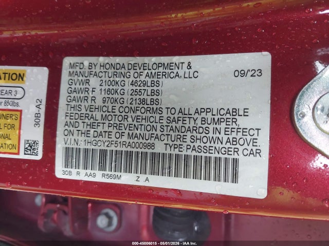 45006015 :رقم المزاد ، 1HGCY2F51RA000988 vin ، 2024 Honda Accord Hybrid Sport مزاد بيع