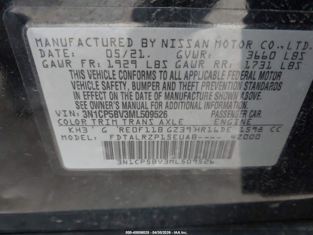 Aukcja sprzedaży 2021 Nissan Kicks S Xtronic Cvt, vin: 3N1CP5BV3ML509526, numer aukcji: 45006028