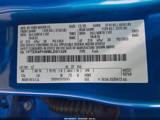 Продажа на аукционе авто 2021 Ford Ranger Xl, vin: 1FTER4FH8MLD01328, номер лота: 45006030