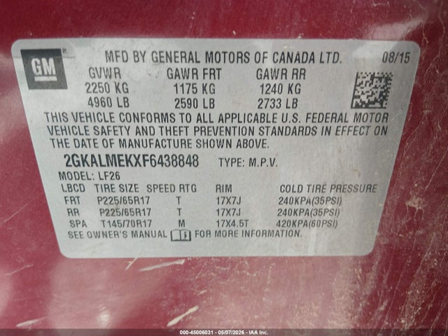 2015 Gmc Terrain Sle-1 მანქანა იყიდება აუქციონზე, vin: 2GKALMEKXF6438848, აუქციონის ნომერი: 45006031
