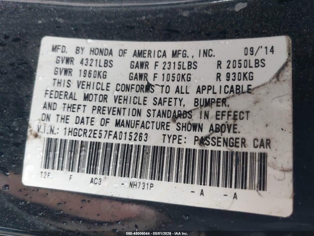 45006044 :رقم المزاد ، 1HGCR2E57FA015263 vin ، 2015 Honda Accord Sport مزاد بيع