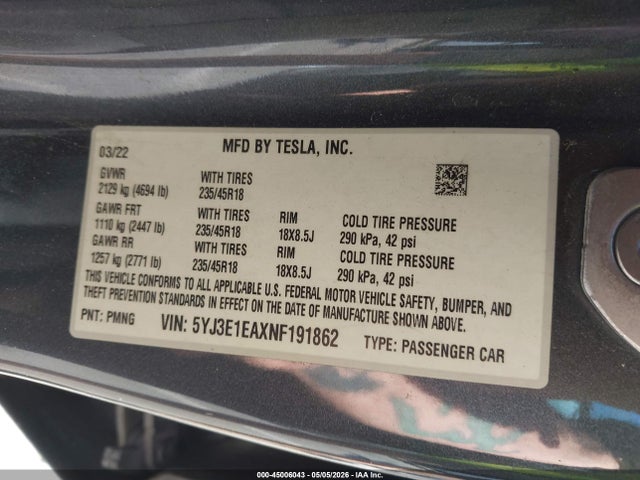 Aukcja sprzedaży 2022 Tesla Model 3 Rear-wheel Drive, vin: 5YJ3E1EAXNF191862, numer aukcji: 45006043