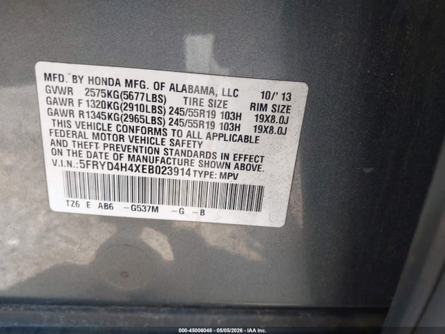 45006048 :رقم المزاد ، 5FRYD4H4XEB023914 vin ، 2014 Acura Mdx Technology Package مزاد بيع