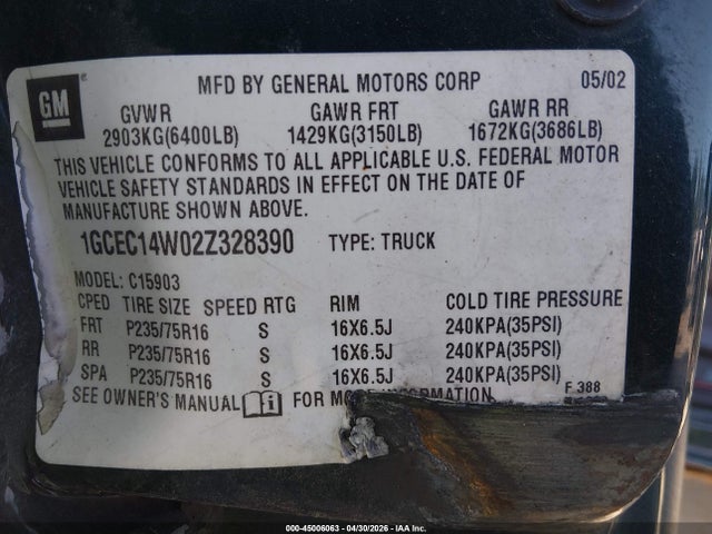 2002 Chevrolet Silverado 1500 მანქანა იყიდება აუქციონზე, vin: 1GCEC14W02Z328390, აუქციონის ნომერი: 45006063