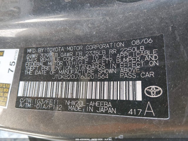 Продажа на аукционе авто 2006 Toyota Prius, vin: JTDKB20U763201564, номер лота: 45006066