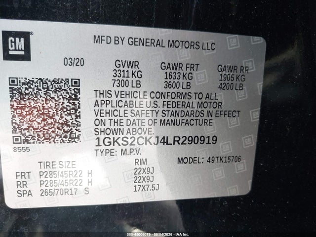 45006079 :رقم المزاد ، 1GKS2CKJ4LR290919 vin ، 2020 Gmc Yukon 4wd Denali مزاد بيع