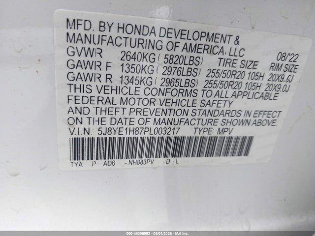 45006082 :رقم المزاد ، 5J8YE1H87PL003217 vin ، 2023 Acura Mdx Advance Package مزاد بيع