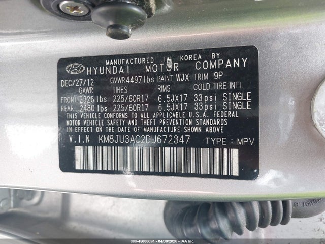 2013 Hyundai Tucson Gls მანქანა იყიდება აუქციონზე, vin: KM8JU3AC2DU672347, აუქციონის ნომერი: 45006091