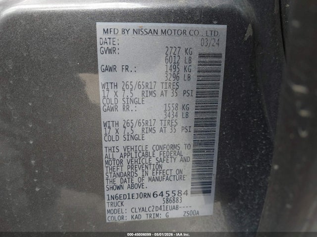 45006099 :رقم المزاد ، 1N6ED1EJ0RN645584 vin ، 2024 Nissan Frontier Sv 4x2 مزاد بيع